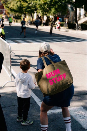 WEEKEND / MUM STUFF Extra Large Forest Green Tote Bag with Neon Pink Print