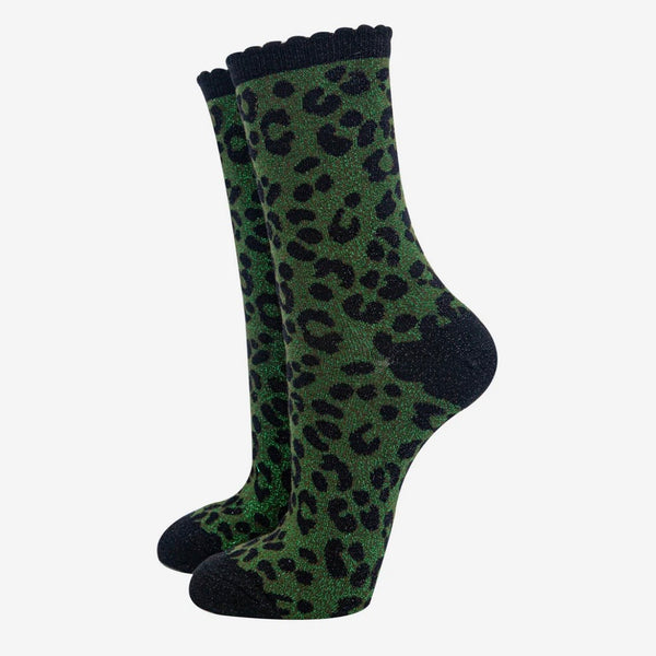 Leopard Print Combed Cotton Glitter Socks in Khaki / Black