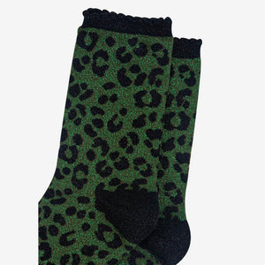 Leopard Print Combed Cotton Glitter Socks in Khaki / Black