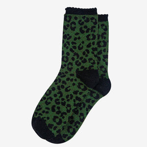 Leopard Print Combed Cotton Glitter Socks in Khaki / Black