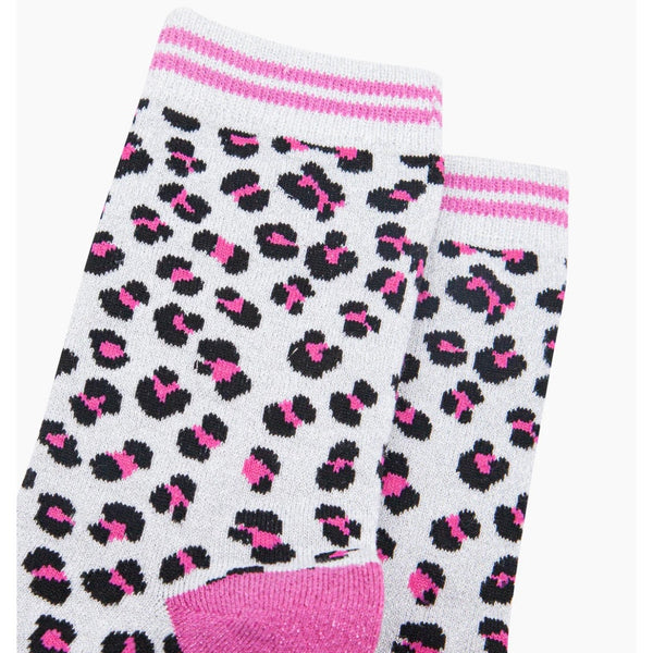 Leopard Print Combed Cotton Glitter Socks in White/Pink