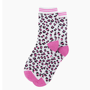 Leopard Print Combed Cotton Glitter Socks in White/Pink