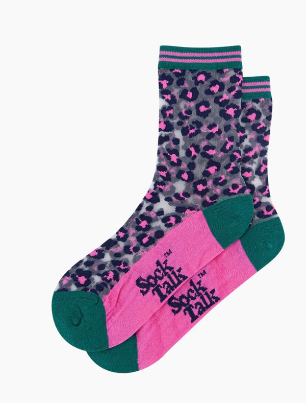 Leopard Print Combed Cotton Sheer Pop Socks in Green / Pink