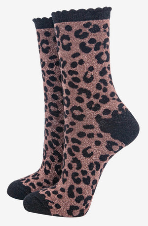 Leopard Print Combed Cotton Glitter Socks in Bronze / Black