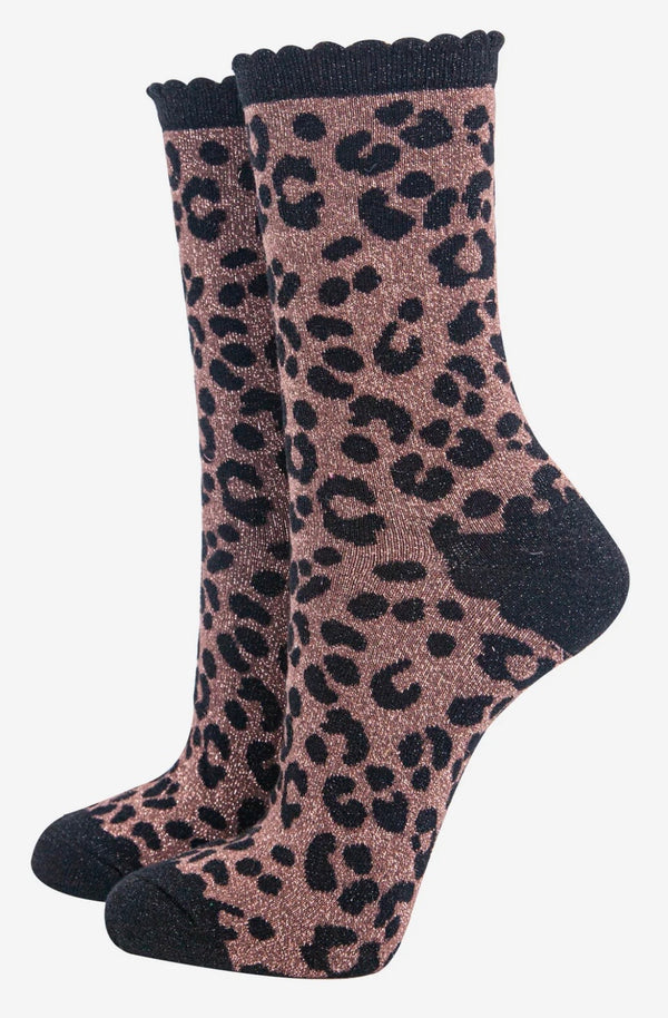 Leopard Print Combed Cotton Glitter Socks in Bronze / Black