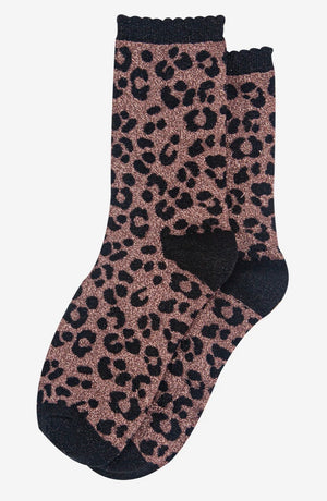 Leopard Print Combed Cotton Glitter Socks in Bronze / Black