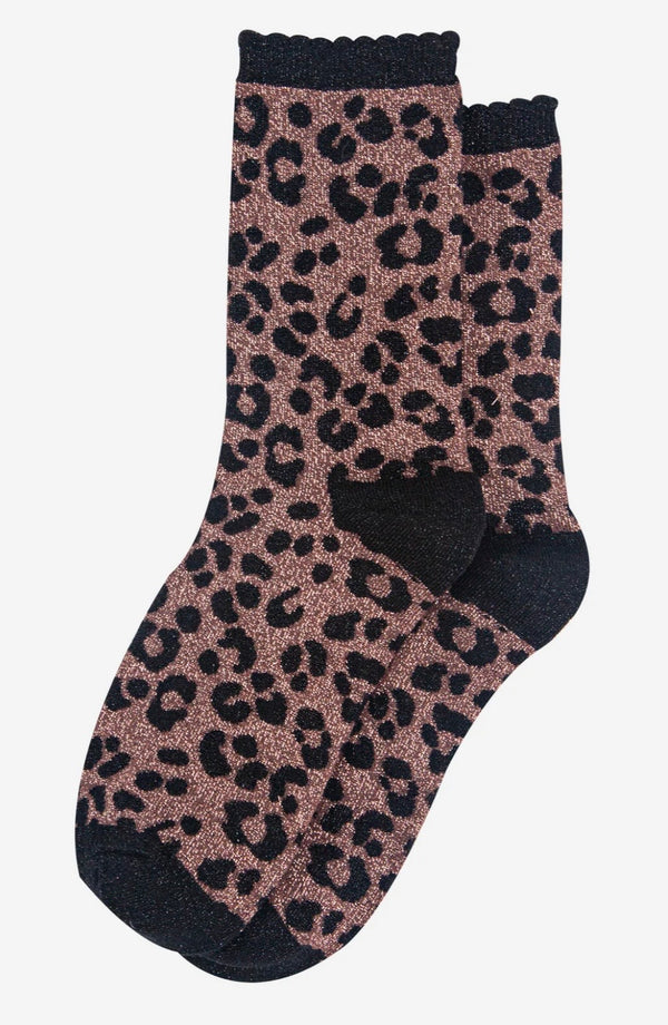 Leopard Print Combed Cotton Glitter Socks in Bronze / Black