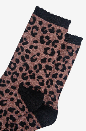 Leopard Print Combed Cotton Glitter Socks in Bronze / Black