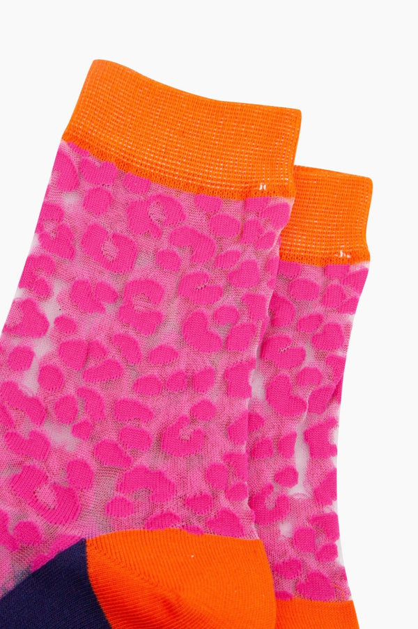 Leopard Print Combed Cotton Sheer Pop Socks in Orange / Pink / Purple