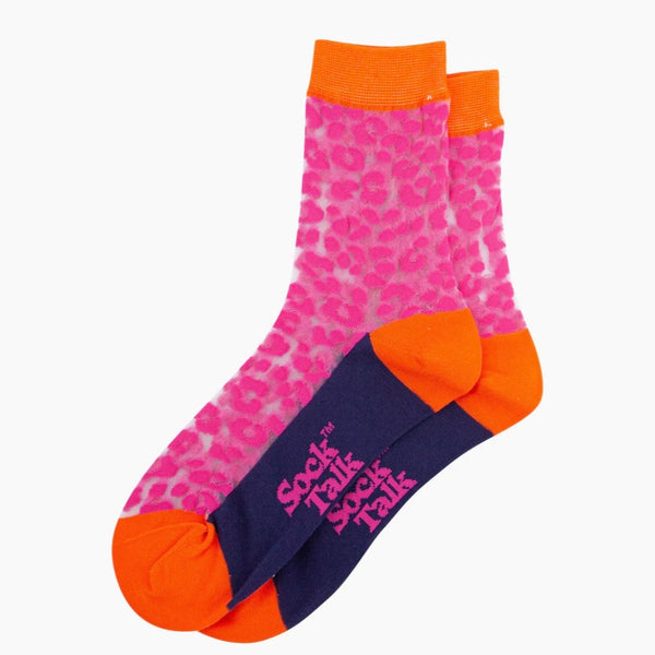 Leopard Print Combed Cotton Sheer Pop Socks in Orange / Pink / Purple