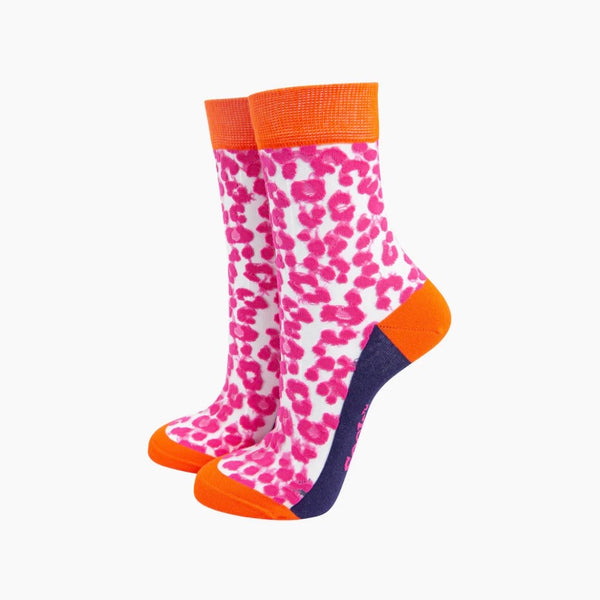 Leopard Print Combed Cotton Sheer Pop Socks in Orange / Pink / Purple