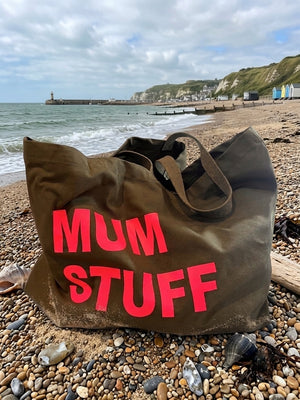 WEEKEND / MUM STUFF Extra Large Forest Green Tote Bag with Neon Pink Print