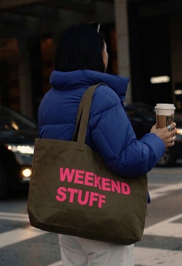 WEEKEND / MUM STUFF Extra Large Forest Green Tote Bag with Neon Pink Print
