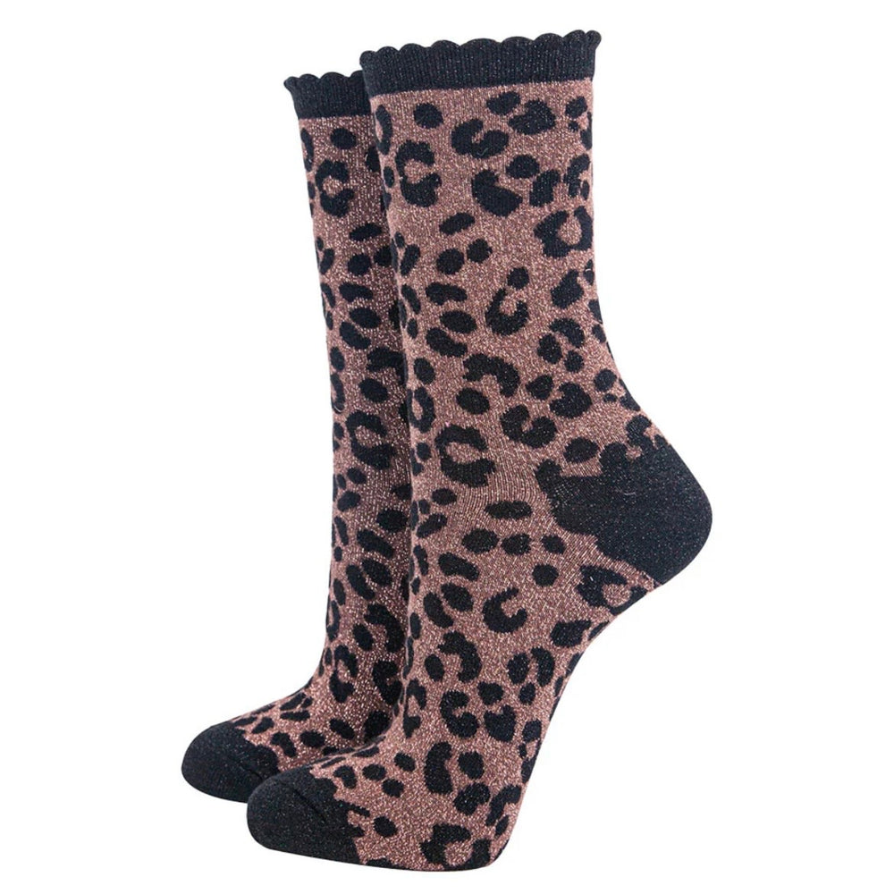 Leopard Print Combed Cotton Glitter Socks in Bronze / Black