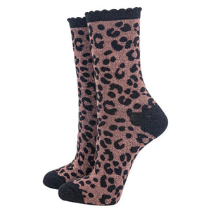 Leopard Print Combed Cotton Glitter Socks in Bronze / Black