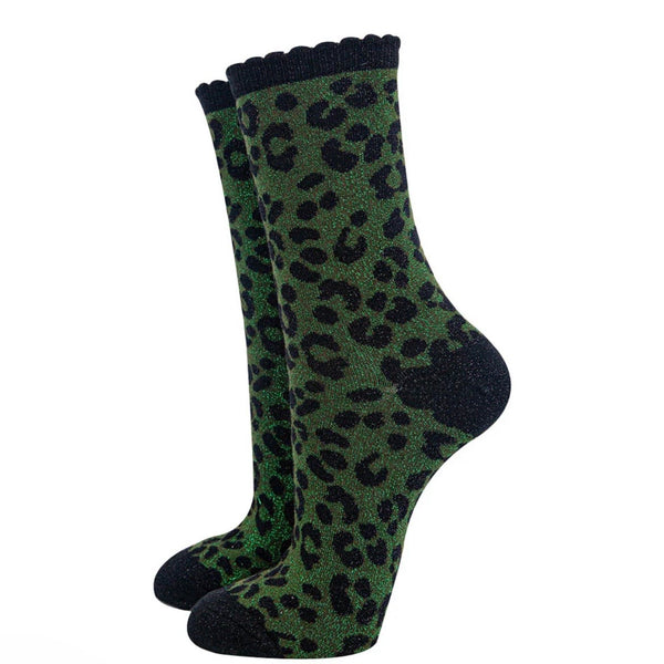 Leopard Print Combed Cotton Glitter Socks in Khaki / Black