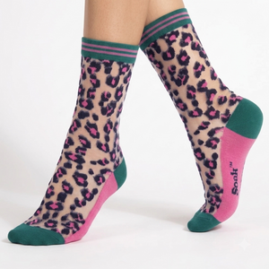 Leopard Print Combed Cotton Sheer Pop Socks in Green / Pink