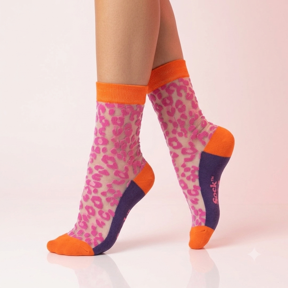 Leopard Print Combed Cotton Sheer Pop Socks in Orange / Pink / Purple