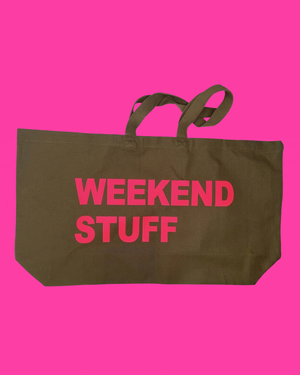 WEEKEND / MUM STUFF Extra Large Forest Green Tote Bag with Neon Pink Print